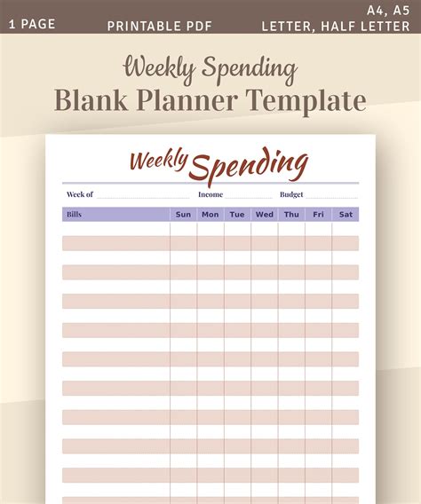 Weekly Spending Template Personal Budget Planner Blank | Etsy