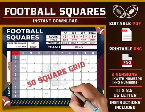 Football Squares 50 Squares Editable Pdf Template Printable Etsy