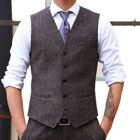 2020 Dark Gray Groom Vests For Wedding Bestmen Wool Herringbone Tweed