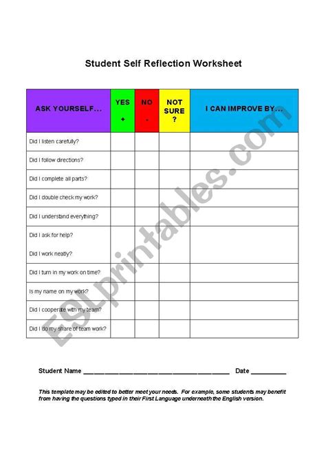 English Worksheets Student Self Reflection Worksheet
