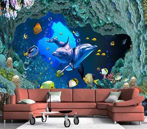 3d Underwater Ocean Dolphins Wallpaper Mural Wall Art