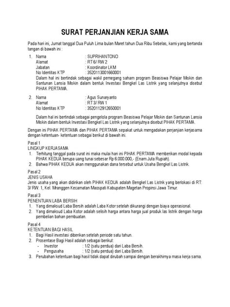 Artikel ini memberikan contoh surat perjanjian kerjasama yang baik dan benar. Contoh Surat Perjanjian Kerjasama Bagi Hasil - Content