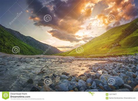 Amazing Mountains Landscape At Sunset Stones On Foreground And
