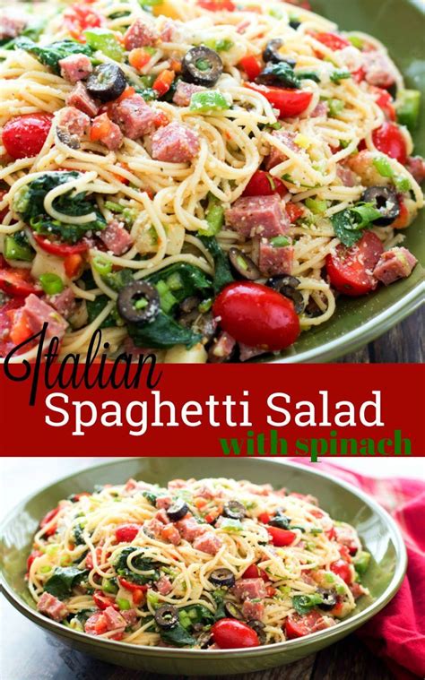 · this cold italian spaghetti salad features fresh veggies, pepperoni, parmesan cheese, spaghetti noodles and lots of yummy dressing! Italian Spaghetti Salad with Spinach | Spaghetti salad ...