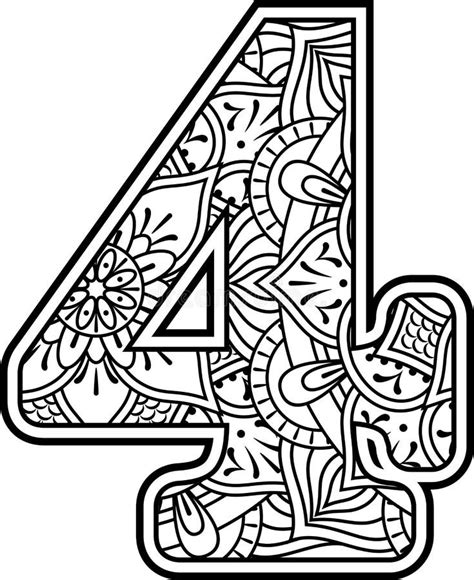 Number 4 Doodle Mandala Art Coloring Therapy Stock Vector