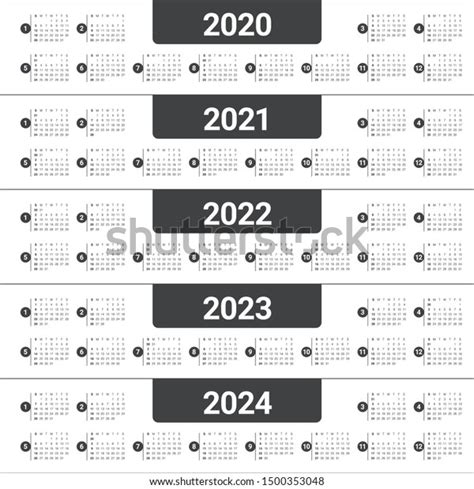 Year 2020 2021 2022 2023 2024 Calendar Vector Design Template Simple