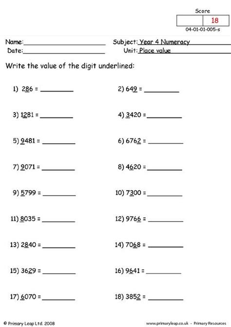 Write The Value Of The Underlined Digit Worksheet