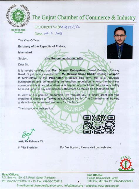 Recommendation letter from embassy of spain, image. Visa Recommendation Letters | Gujrat Chamber of Commerce ...
