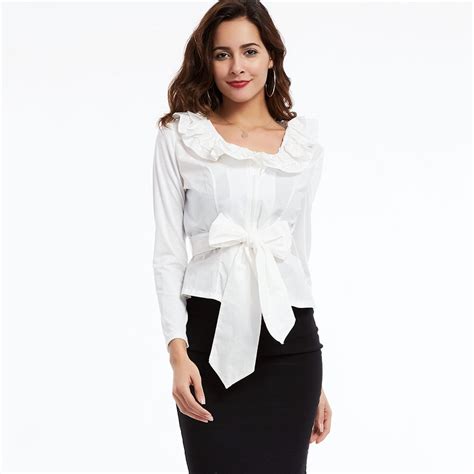 Women Formal Summer White Blouse Long Sleeve Office Lady Sexy Slim Lace Up Bandage Blouse