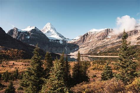Scenery Of Mount Assiniboine With Lake Magog And Blue Sky In Autumn
