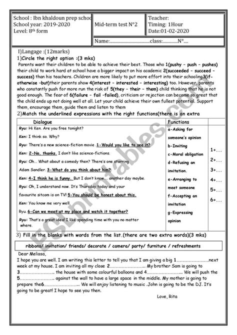 Mid Term Test N°2 8 Th Form 2020 Esl Worksheet By Adamahmed
