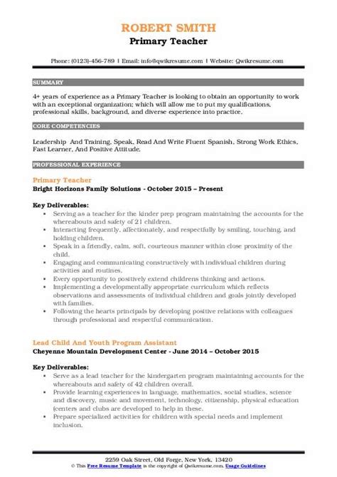 Primary Teacher Resume Samples Qwikresume