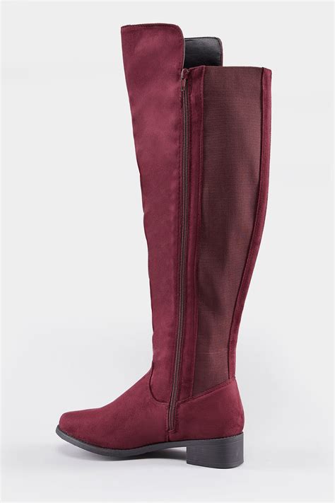 Burgundy Xl Calf Over The Knee Boots With Stretch Panel In Eee Fit