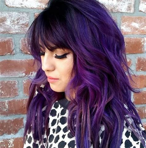 Layered Purple Hair With Shaggy Bangs Long Purple Hair Hair Color