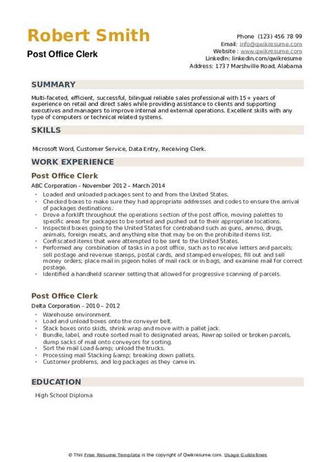We provide you with traditional and modern forms of documents to apply for different job positions. Post Office Clerk Resume Samples | QwikResume