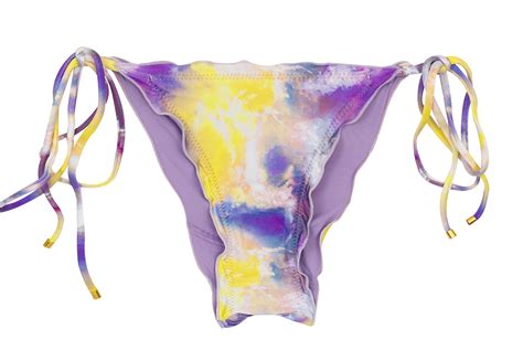 Purple Yellow Tie Dye Scrunch Bikini Bottom With Wavy Edges Bottom