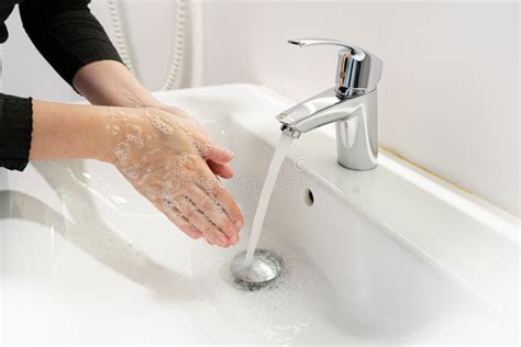 Washing Hands With Soap Closeup Woman Wash Her Palms Soapy Arms
