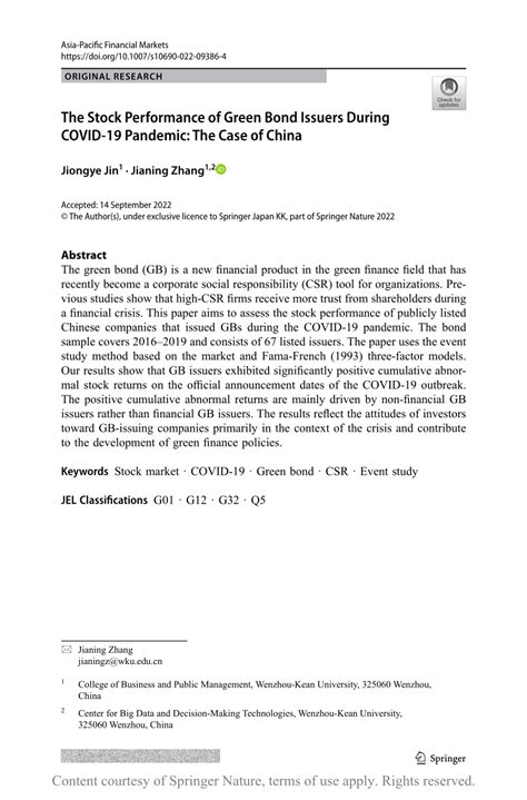The Stock Performance Of Green Bond Issuers During Covid 19 Pandemic
