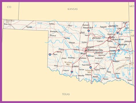 Oklahoma Transportation And Physical Map Large Printable Hd Map