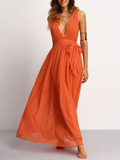 orange deep v neck self tie waist maxi dress emmacloth women fast fashion online mobile site