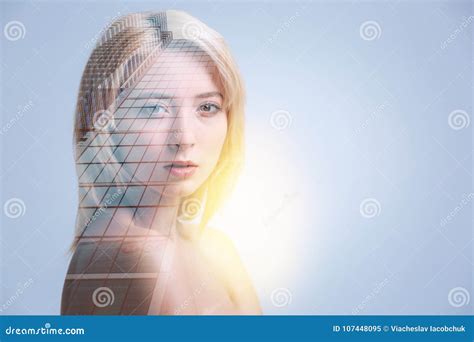 Attractive Young Woman Imagining A High Building Stock Image Image Of