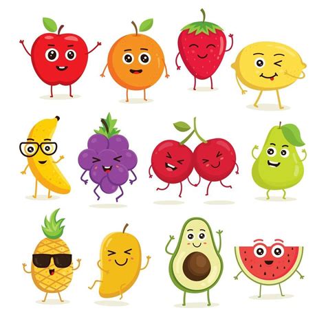 Vector Collection Of Cute Fruits Funny Fruit Characters Isolated On White Background Cute And