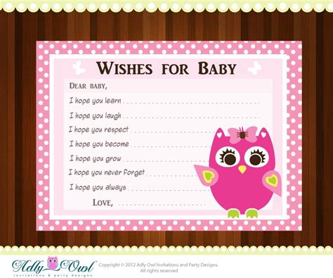 This baby shower card meets the kid's interest and grabs their attention. Pink Girl Owl Baby Shower Wish and Advice Card Printable DIY