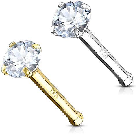 14k Gold Nose Rings 20g Solid 6mm Stud 2mm Cz Simulated Diamond Non
