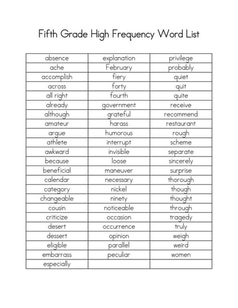 6th Grade High Frequency Words Pdf
