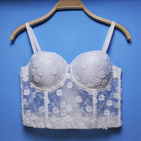 Sexy White Sheer Lace Flowers Padded Underwire B Cup Bustier Bra