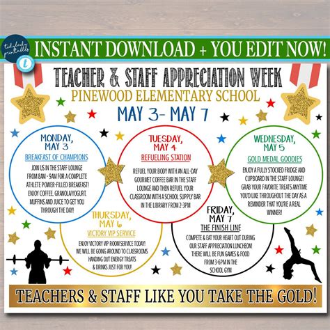 Gold Medal Theme Teacher Appreciation Week Itinerary Poster Thank You