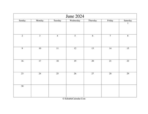 Editable Calendar June 2024