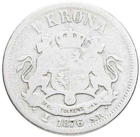 Монета Швеция 1 крона krona 1876 стоимостью 648 руб