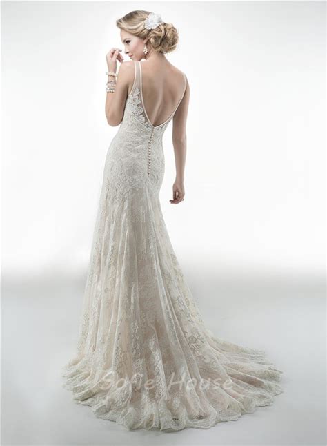 Charming Mermaid V Neck Sleeveless Open Back Vintage Lace Wedding Dress