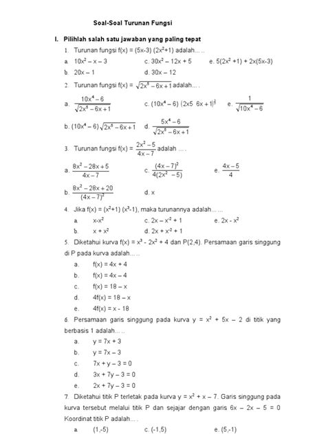 Soal Soal Latihan Matematika Kelas Xii Operasi Turunan Fungsi Kerjakan