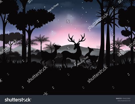 Night Scene Deers Wildlife Green Silhouette Stock Vector Royalty Free