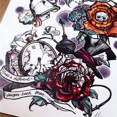 Dark And Moody Old And Tired Alice In Wonderland Themed Tattoo Design