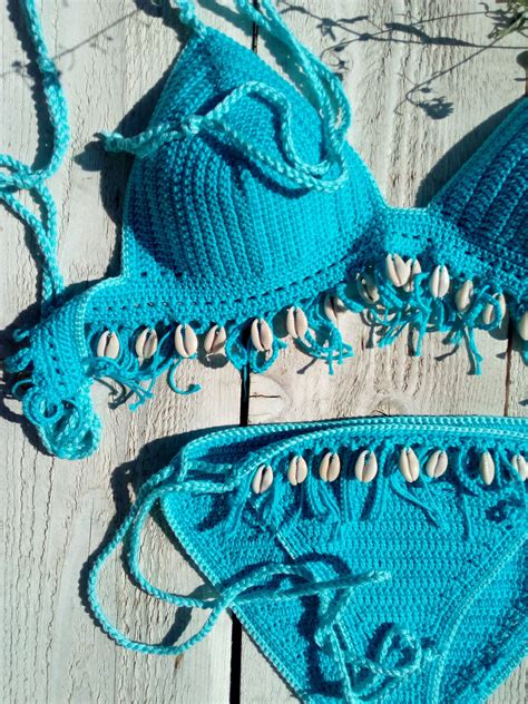 Crochet Bikini Set Teal Blue With Cowrie Sea Shells Bikini Etsy 30996 Hot Sex Picture