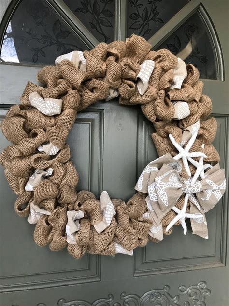 Spring Summer Burlap Wreath With Seashell Burlap Accent Ribbon Etsy