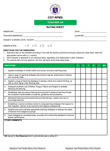 New Cot Rpms Rating Sheet For Proficient Teachers T I Iii For Sy 2023