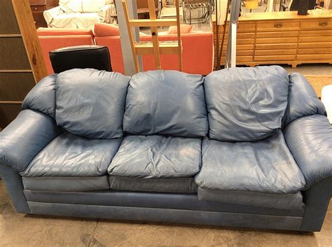Blue Leather Overstuffed Sofa