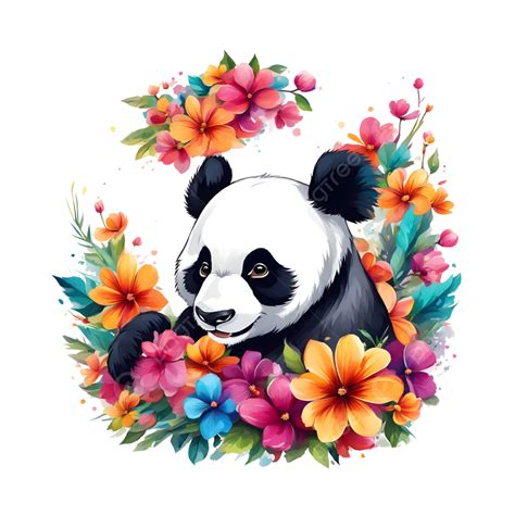 Detailed Illustration Of A Print Colorful Baby Panda Bear In Flowers