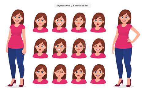 Set Of Female Facial Expression Collection Of Girl Woman`s Emotions
