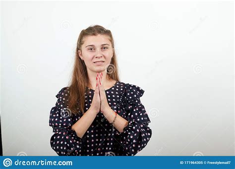 Girl In A Black Dress Happy Woman Clasped Her Hands As If Praying