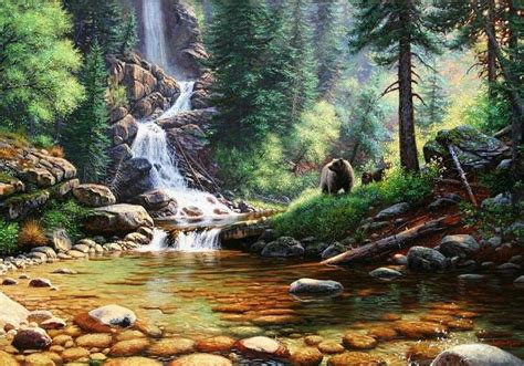 Forest Waterfall Bear Painting Artwork I Like Pinterest Bears