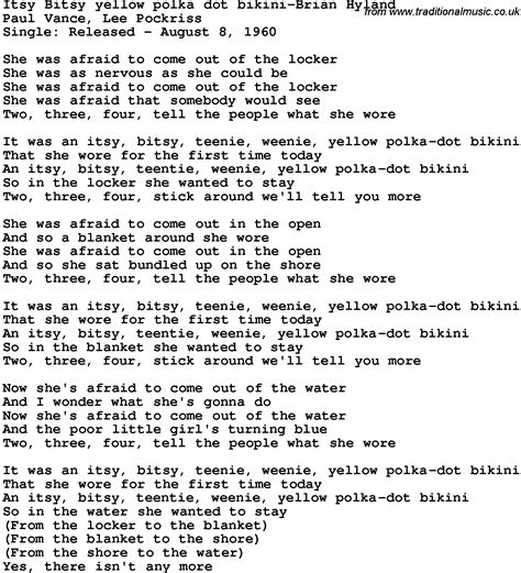 Novelty Song Itsy Bitsy Yellow Polka Dot Bikini Brian Hyland Lyrics