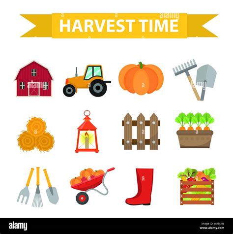 Autumn Harvest Time Icons Set Flat Cartoon Style Harvesting Collection