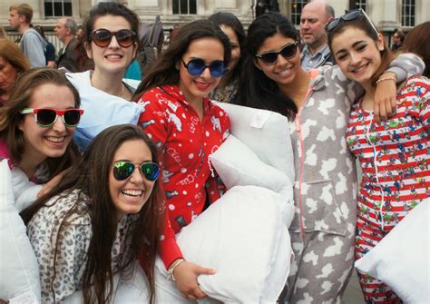 Participants armed with pillows gather in allen gardens on international pillow fight day. International Pillow Fight Day, Trafalgar Square