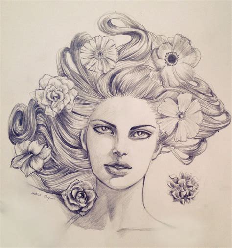 woman beauty face hair flowers pencil drawing illustration texture drawing pencil