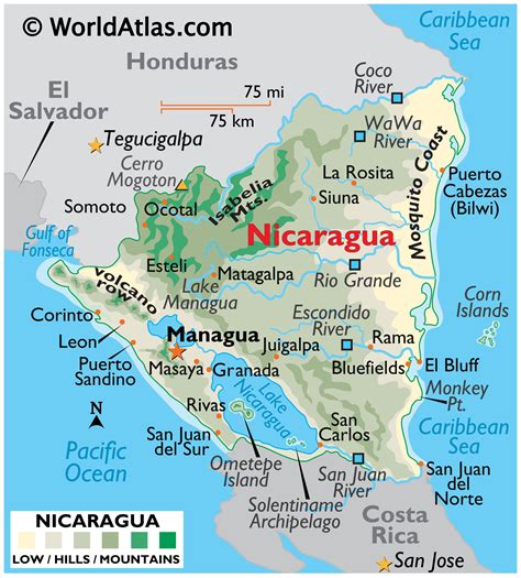 Large Color Map Of Nicaragua Nicaragua Color Map Central America